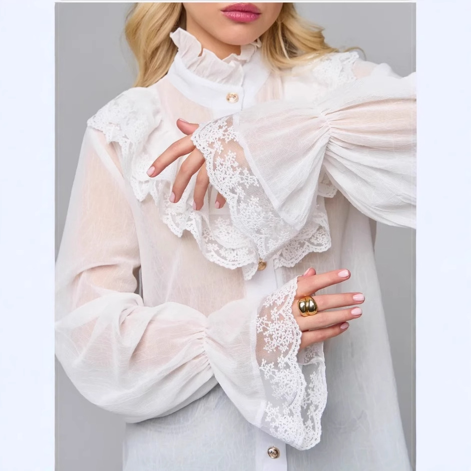 Camicia da donna a maniche lunghe in chiffon con colletto alla coreana e pizzo, con fiocco, ideale come strato interno per la primavera/autunno._voghion.com