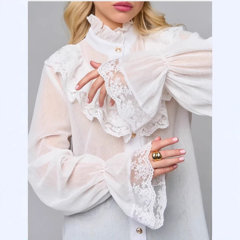 Stand Collar Long-Sleeved Shirt for Women 2025 Spring & Fall New Fashion Inner Chiffon Lace Stand Collar Long-Sleeved Bow Shirt