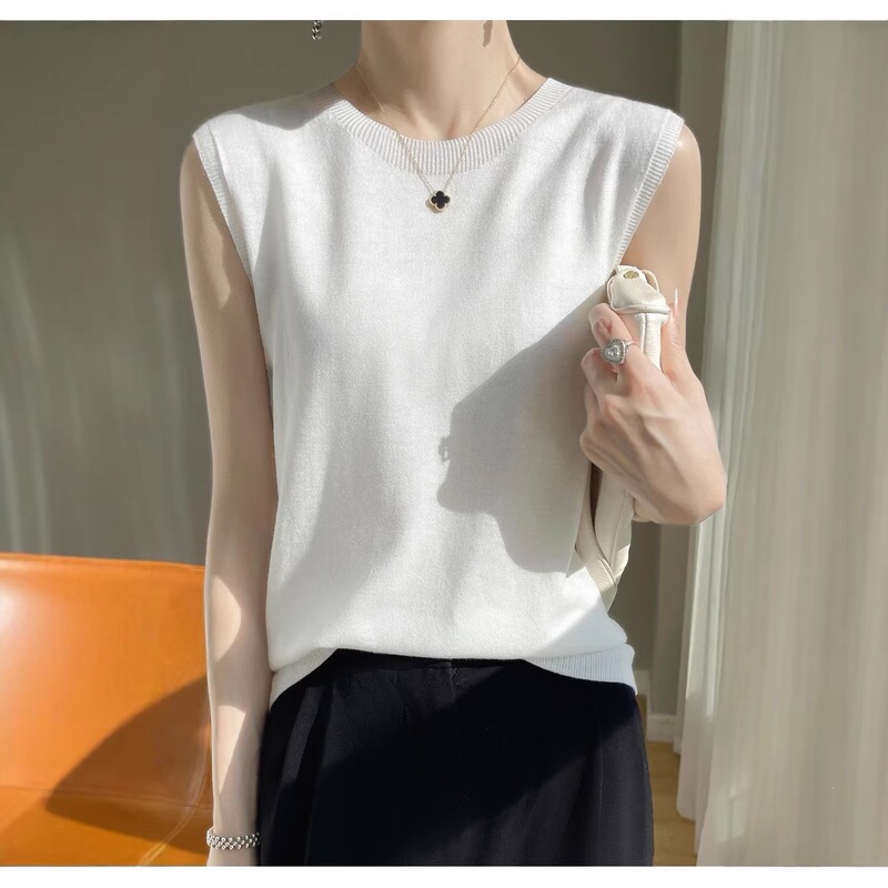 Cross-Border New Style Core-Spun Yarn Women's White Sleeveless Round Neck Vest Sweater Knitwear Vest Short-Sleeved Women's Summer