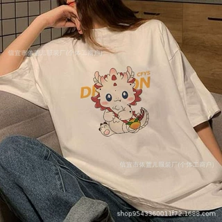 纯棉短袖印花t恤女2024新款春季生肖龙港味小众设计感潮落肩上衣