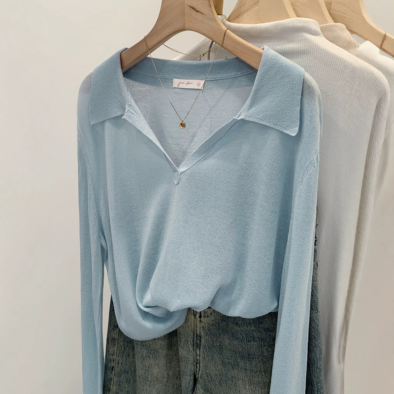 Lyocell Tencel Linen Unique Polo Collar Long-Sleeve Knit Top for Women, New Loose Fit, Slimming, Stunning Thin Style