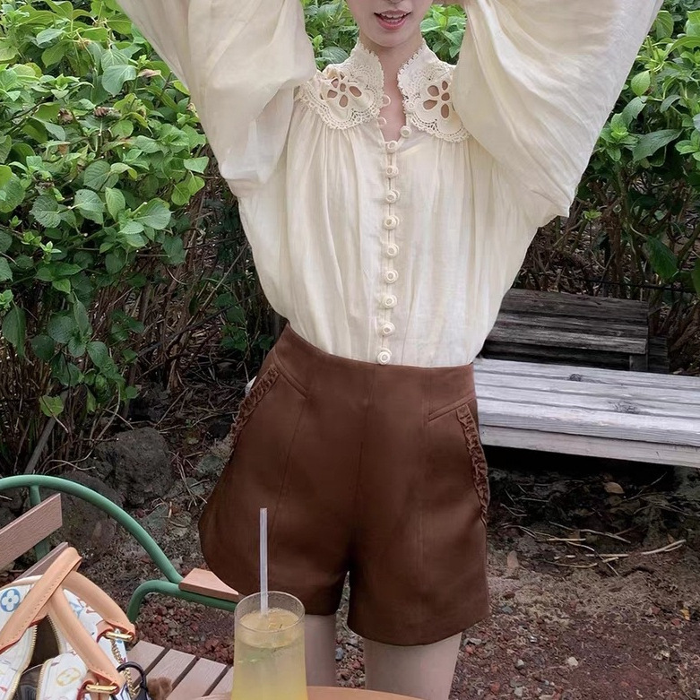 Sourcewith1 Liu Yifei's Same Style 100 Ramie Cut Out High-Quality Cotton and Linen Long-Sleeved Shirt Top