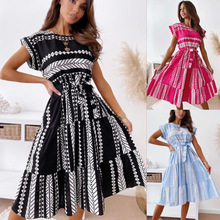 2020年夏eBay亞馬遜歐美跨境新款印花時尚不規則收腰大擺連衣裙