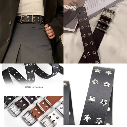 American-style edgy hollow-out vintage punk leather belt for women, featuring subculture-inspired star motifs and double-button detailing—perfect for Y2K-style denim pants and belts.
