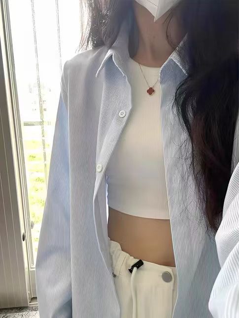Thin Striped Summer Blue Shirt Long Sleeve 2025 Design Niche Loose Versatile Shirt Base Top for Women Thin Striped Summer Blue Shirt Long Sleeve 2025 Design Niche Loose Versatile Shirt Base Top for Women