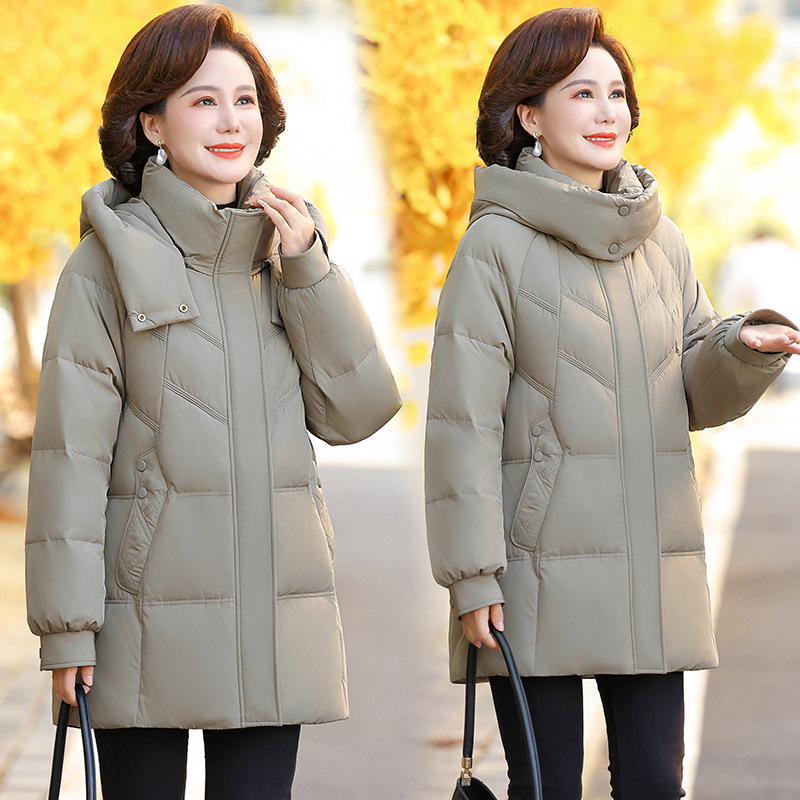 正品牌高档冬季白鸭绒新款时尚洋气中老年羽绒服女中长款加厚外套