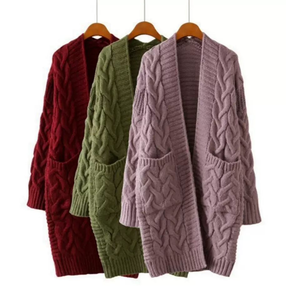 外贸爆款跨境毛衣女秋冬韩版宽松休闲麻花纯色口袋中长款针织开衫