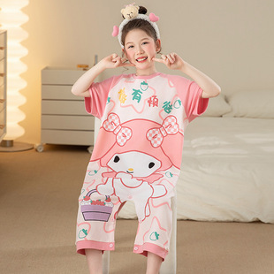 Girls' One-Piece Pajamas, Kidsren's Summer Pure Cotton Short-Sleeved Cartoon Anti-Kick Nightgown, Girls' Cartoon Middle and Large Kidsren's Home Clothes