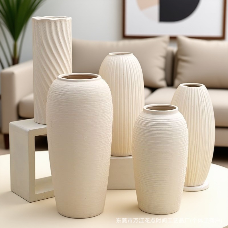 White Ceramic Vase Retro Brushed Ornaments Living Room Flower Arrangement Home Accommodation Model Room Stoneware Jar Decoration