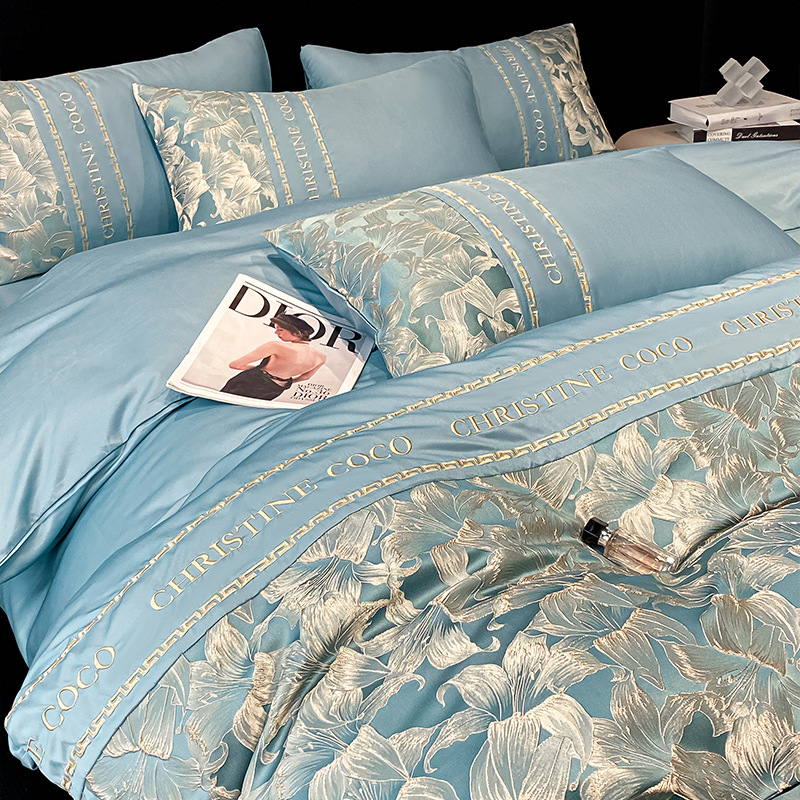 Juego de cuatro piezas de cama jacquard de seda de hielo de verano 2025 nueva funda de edredón de sábana fresca ropa de cama de alta gama de lujo ligero