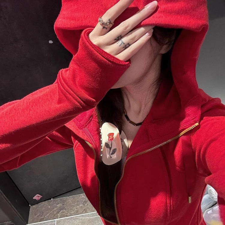 红色修身卫衣外套女早秋正肩收腰连帽上衣秋季韩系chic穿搭秋季款