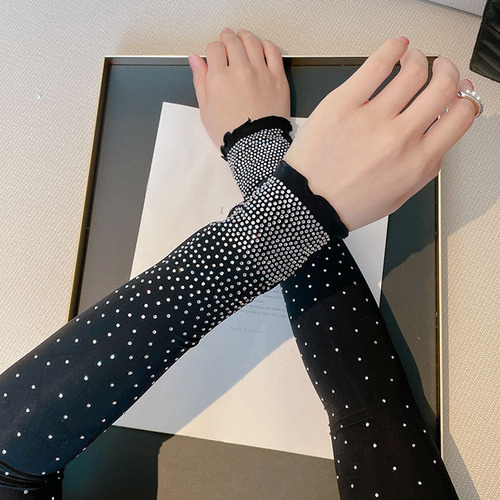 Light luxury high elasticity hot diamond starry sunscreen sleeves for women driving slim ice sleeves lady style short hand sleeves summer