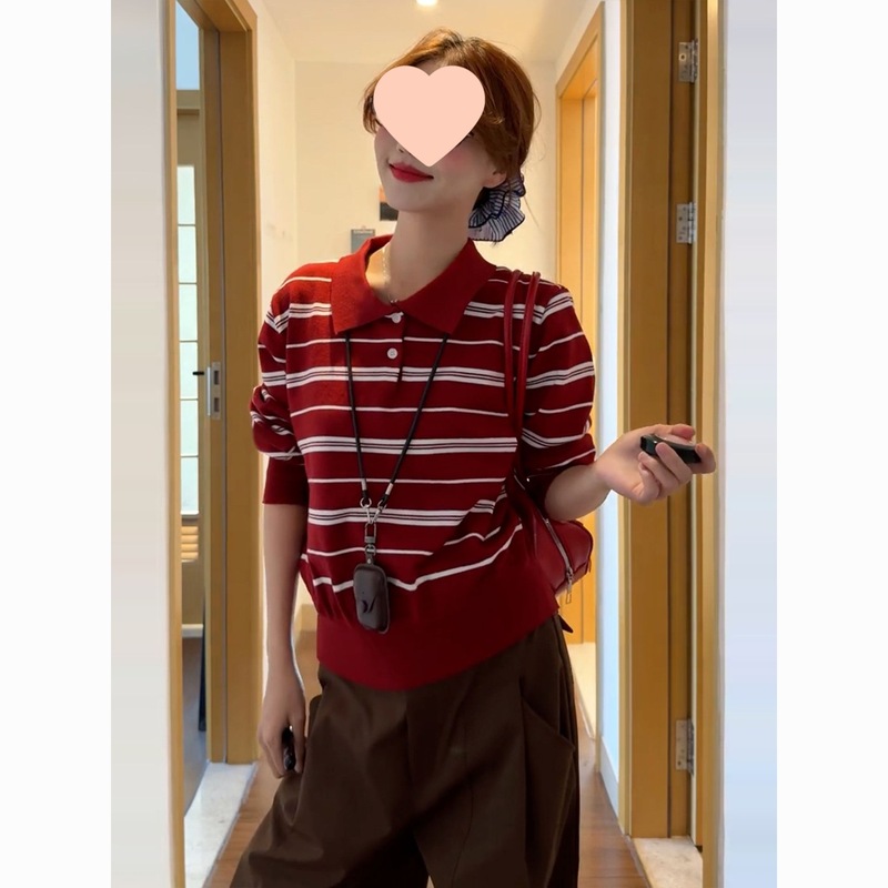 早秋季长袖恤女2025新款设计感红色条纹针织衫上衣长裤套装|undefined