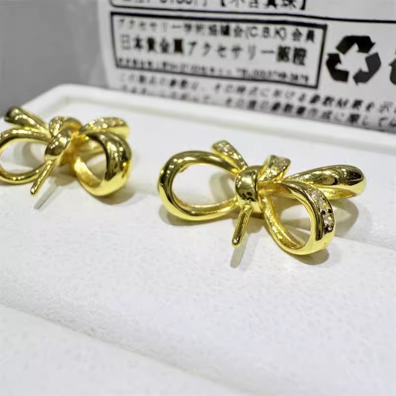 珍珠配件S925纯银镀金日标袋厂家直销蝴蝶结款耳钉空托DIY女包邮
