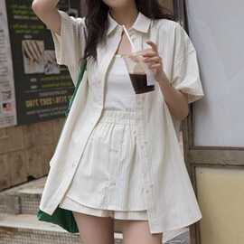 休闲宽松条纹衬衫套装女夏季新款小众设计感时尚慵懒风短裤两件套