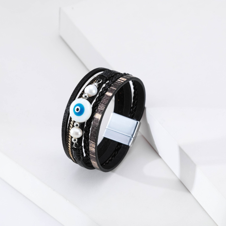 Bohemian multi-layer woven devilu0027s eye pearl leather bracelet