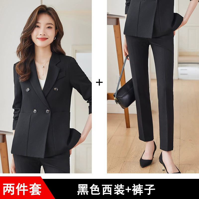 Classic women's demi-season suit set — blazer and trousers, brown, sizes S–4XL