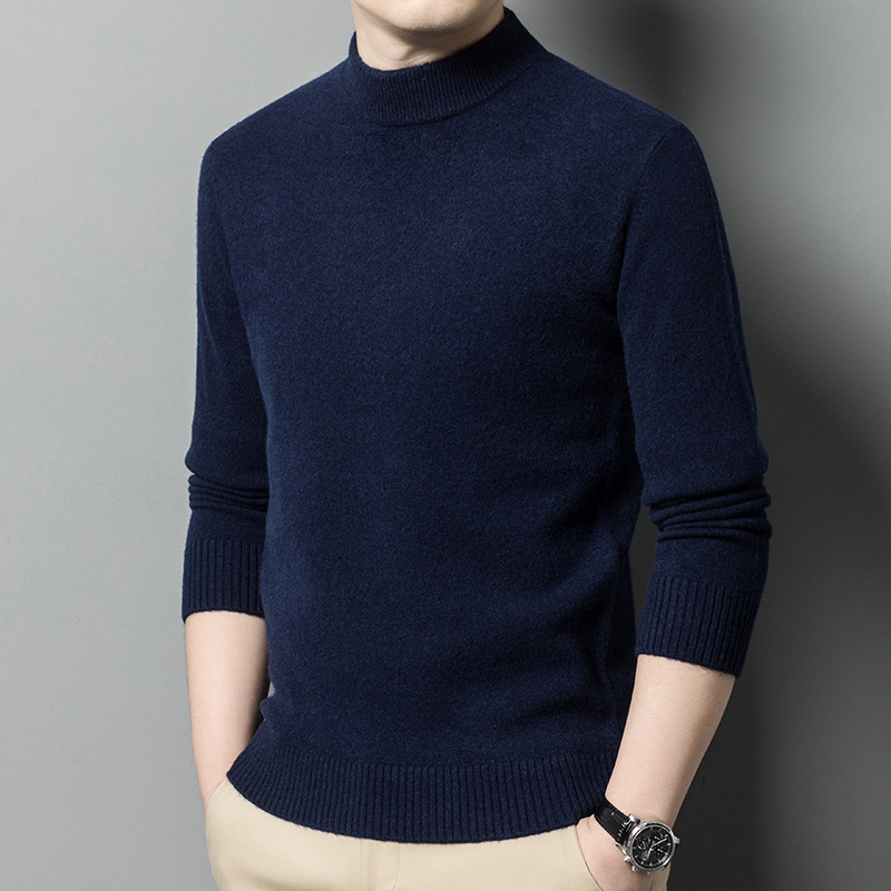 100% Pure Wool Men's Half-Turtleneck Sweater for Autumn and Winter, Thickened and Warm Base Layer Sweater for Middle-Aged and Elderly, Plain Version