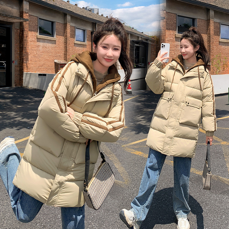 休闲棉服女中长款2025冬季新款撞色连帽韩版宽松棉袄针织帽面包服|undefined