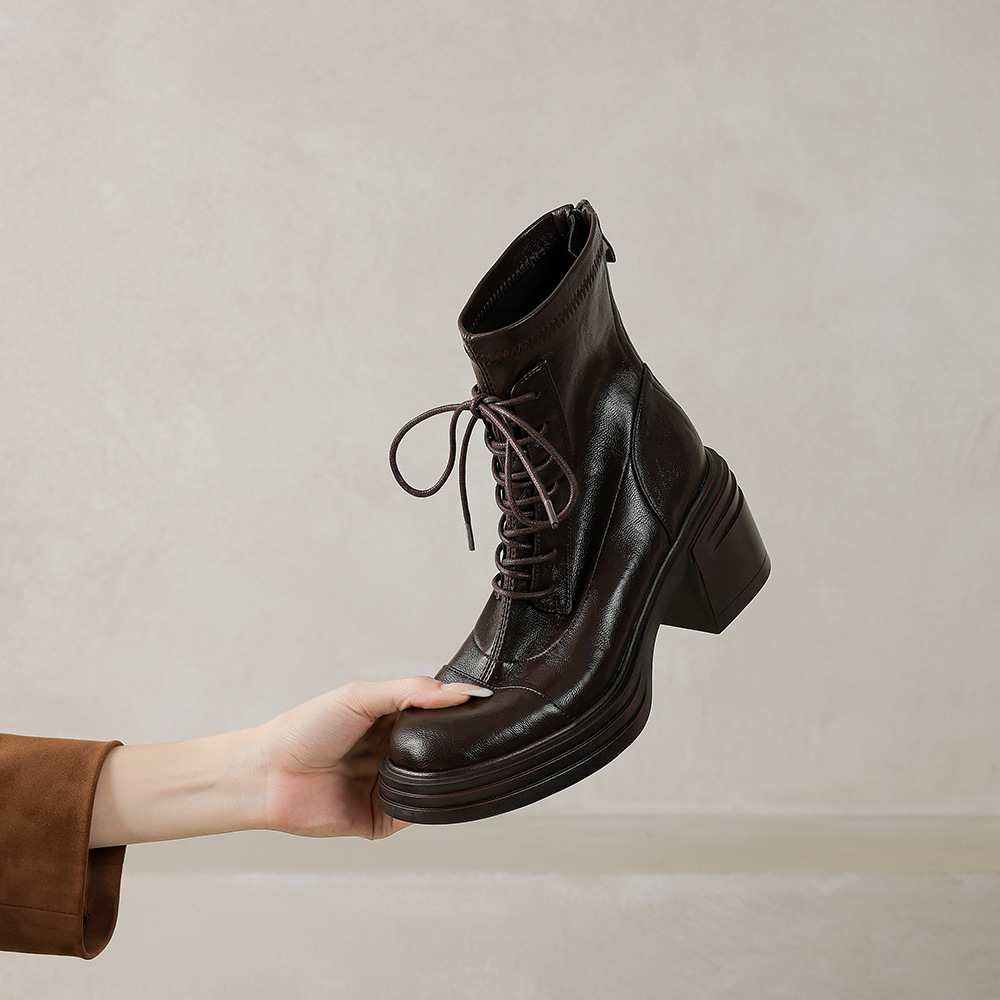 Very Easy to Wear! the Treasure of the Store ~ 2025 Autumn and Winter High-Heeled Elastic British Boots Women's Lace-Up Thick-Heeled Short Boots