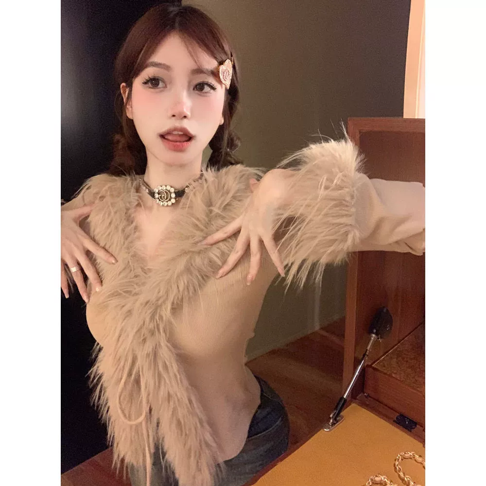 Тайская женская слегка толстая MM осень-зима новая атмосфера футболка V-образный воротник темперамент кардиган высокого уровня