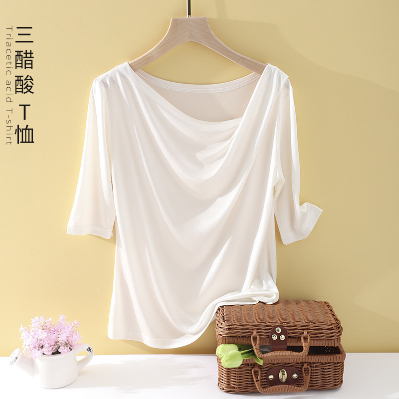 2023 new Japanese three Ling triacetate heavy basic elegant swing collar short sleeve women's T-shirt women