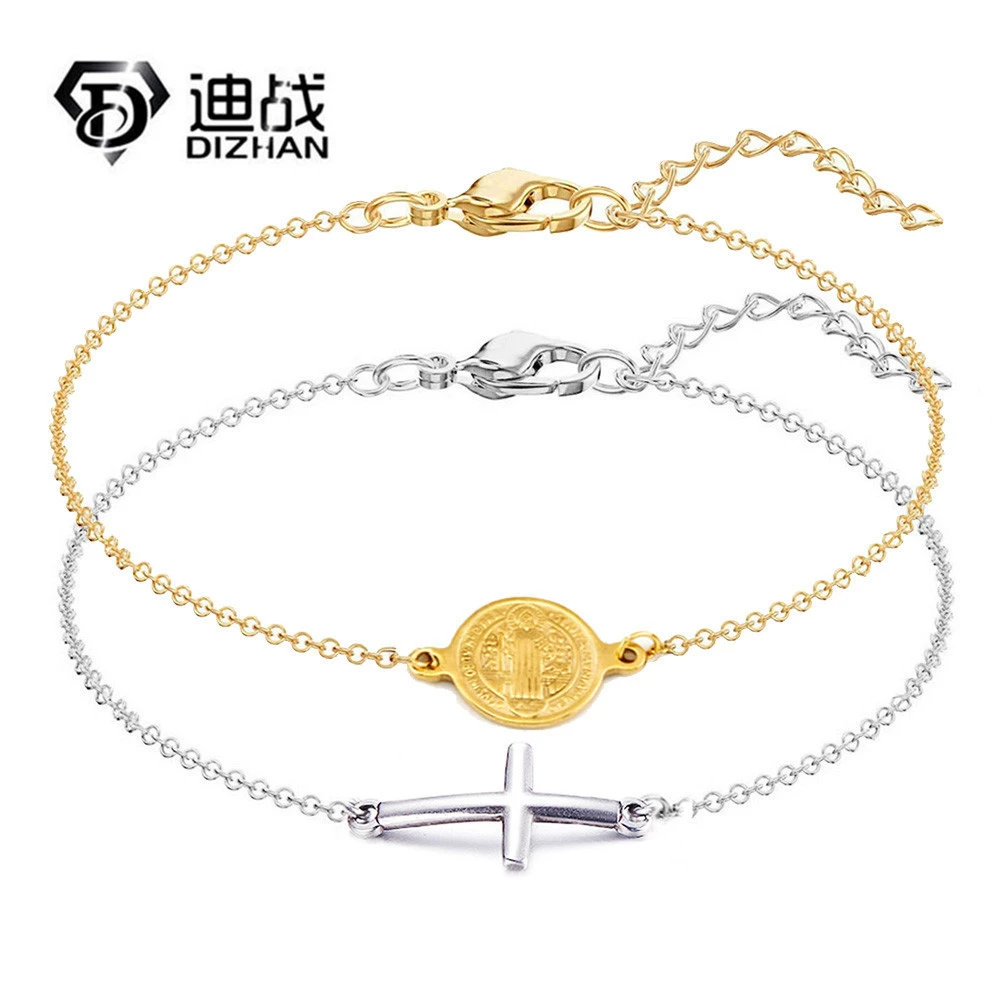 Набор из двух простых тонких браслетов из нержавеющей стали с крестиком и застежкой-карабином, в европейском и американском стиле.