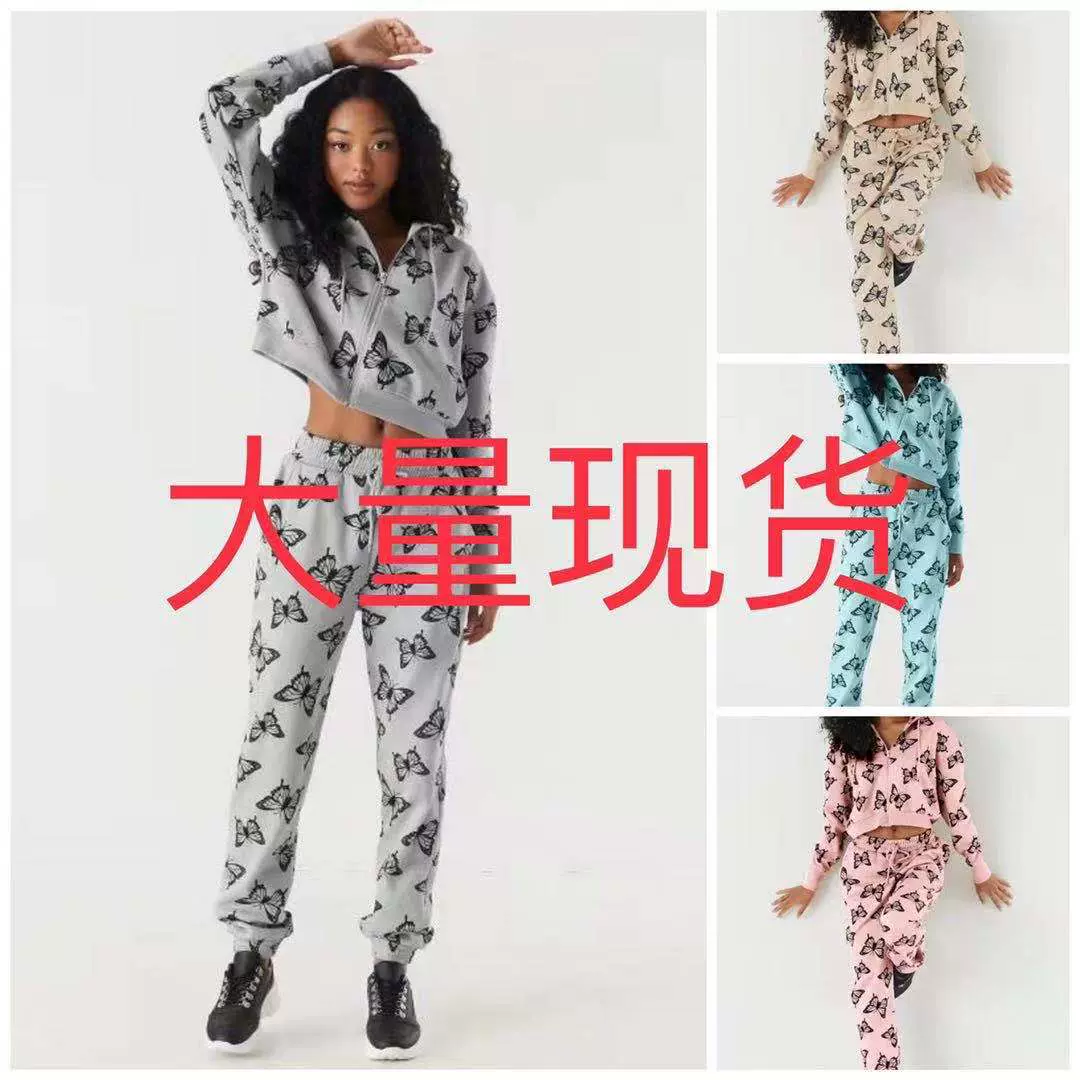 7006#2021亚马逊秋冬新款连帽休闲运动印花卫衣套装
