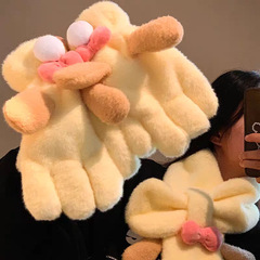 可爱韩版饼饼毛绒手套女生冬季户外保暖加绒加厚护颈围脖手套批发