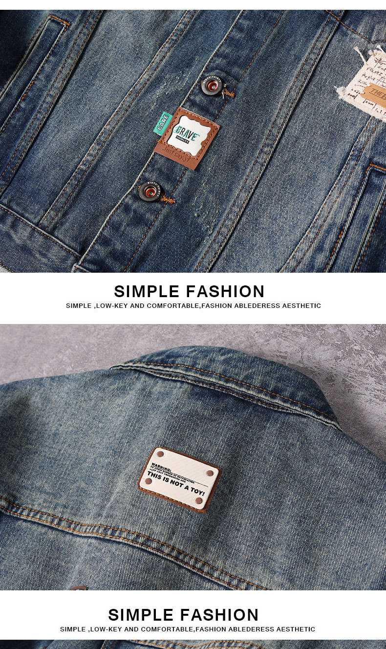Herr denimjacka med broderi lös passform tvättad blå_voghion.com