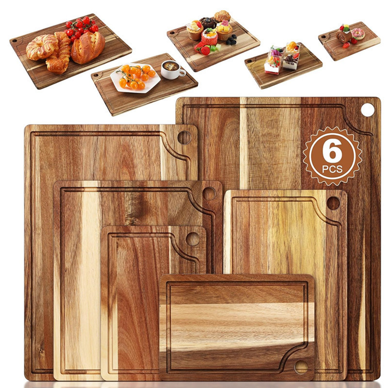 Acacia wood cutting board 6-piece kitchen suit cooked food board with juice tank cutting board solid wood double-sided cutting board cutting board