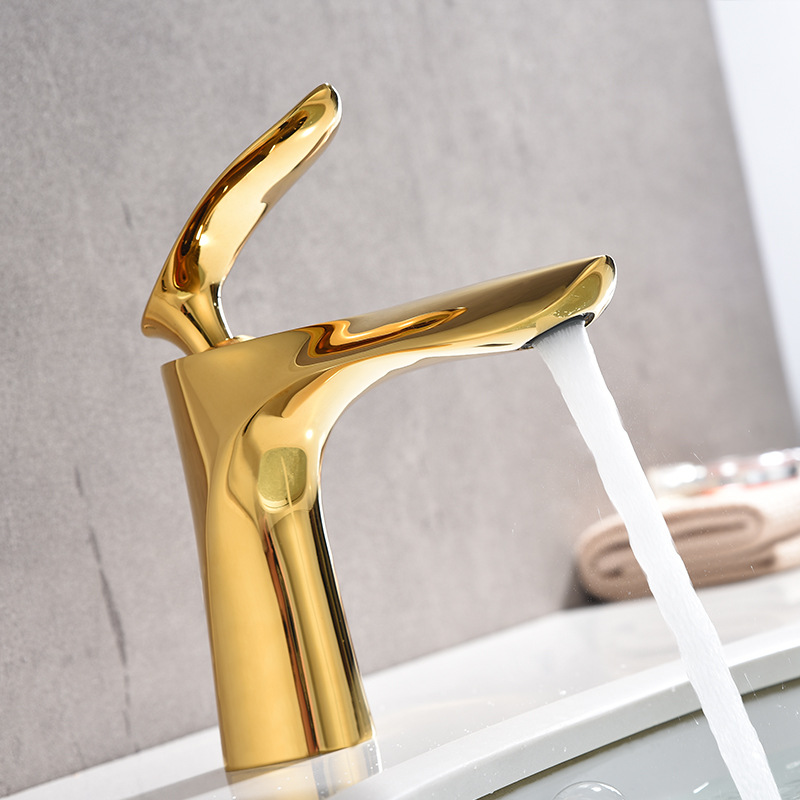 Jiumu all-copper Nordic-style golden washbasin faucet, bathroom, single-hole cold and hot water washing basin, washbasin and countertop Specification drawing