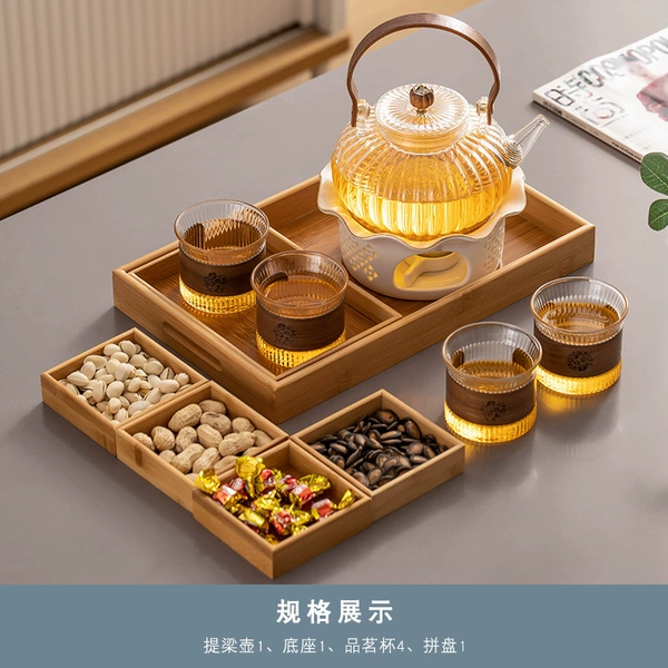 Transparent "Chrysanthemum Petal" handle pot + white "Exquisite Lotus Leaf" candle holder + candle spoon + transparent (vertical pattern) host 4 cups + log (small size) tea snacks and dried fruit plate + (