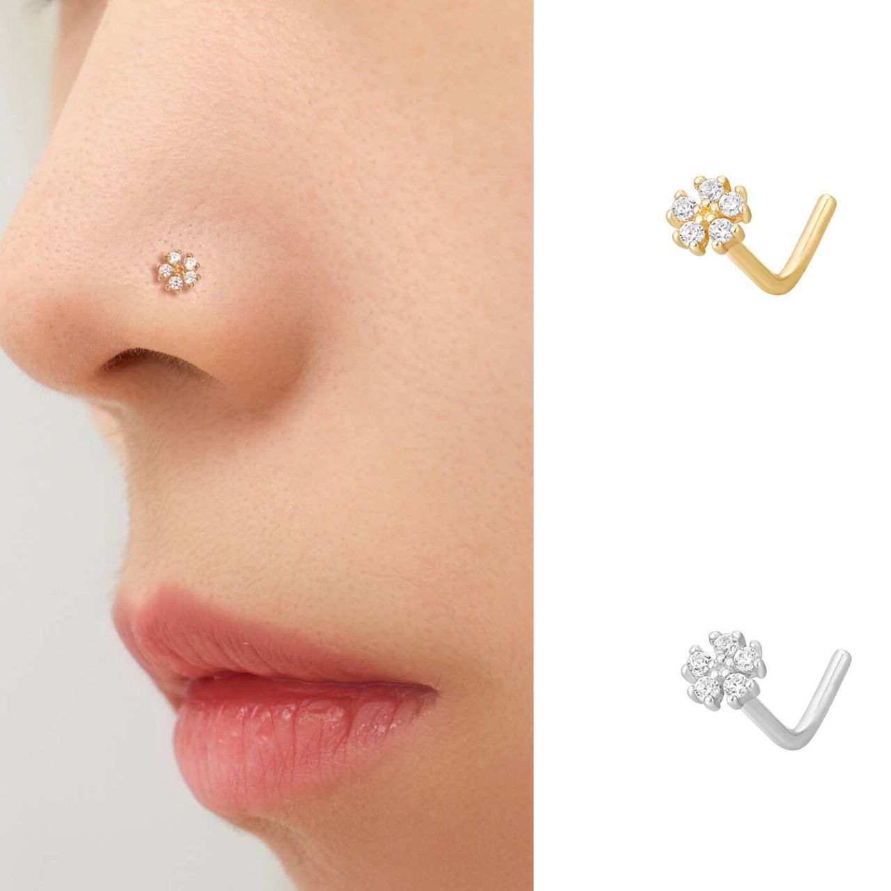 Hot Sale S925 Sterling Silver European And American L Rod Inlaid Zircon Flower Nose Stud Body Piercing Jewelry_voghion.com