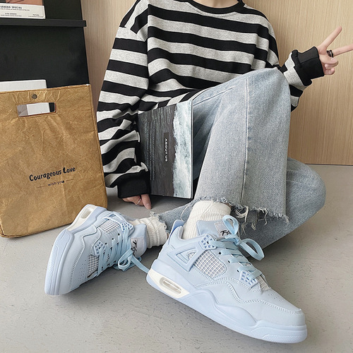 Couple running sneakers chic literary style air cushion fog blue sports shoes for male and female students versatile thick-soled white shoes autumn