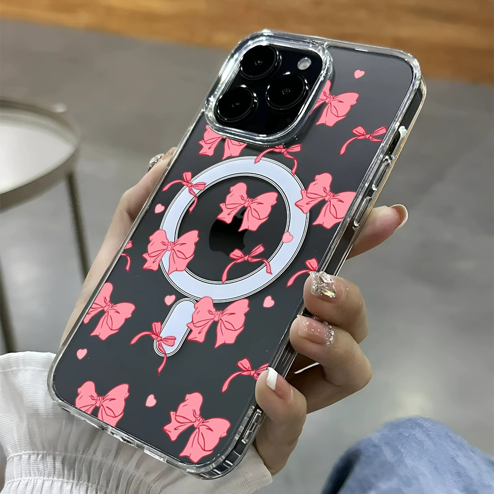 Apple, фуксия iPhone 15 с бантном, чехол для телефона, прозрачный защитный чехол, 15promax, iPhone