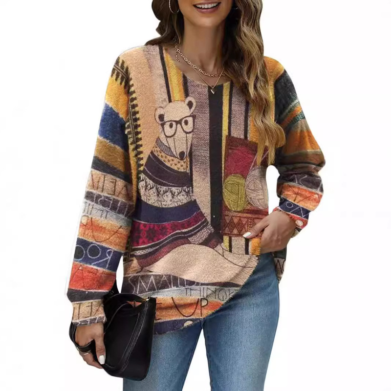 European and American Foreign Trade Women's Sweater for Autumn and Winter Amazon New Pattern Oversized Pullover Casual Loose Long Sleeve Bear Wool