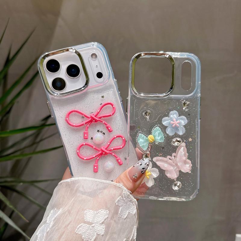 滴胶立体蝴蝶结适用iPhone16Promax手机壳苹果16透明闪粉保护套|undefined