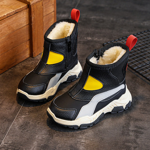 Children's Snow Boots with Integrated Leather and Fur, Boys' Shoes for Winter, Fleece-Lined, Thickened, Waterproof, Genuine Leather, Warm Girls' Cotton Shoes, Cold-Resistant