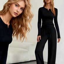 2025欧美亚马逊新品休闲套装亨利领纽扣纯色长袖上衣阔腿裤套装