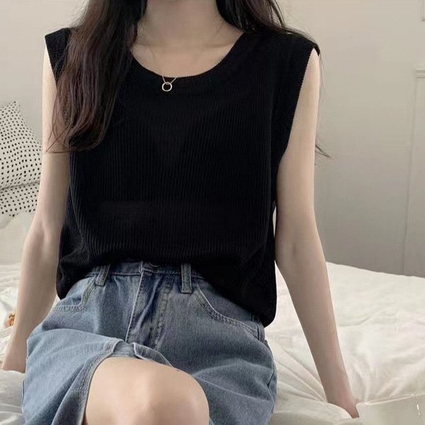 Round Neck Thin Sleeveless Knitwear for Women 2025 Summer New French Style Inner Wear Pure Color Slightly See-Through Bottoming Top Vest