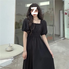 2025夏季新松紧黑色高腰方领超仙气质温柔连衣裙大摆垂感收腰长裙