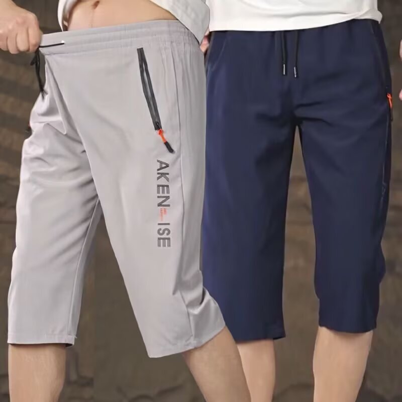 2025 Summer Thin Ice Silk Working Wear Quick-drying Zipper Capri Pants Men's Loose Casual Shorts