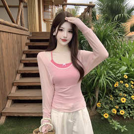 大码女胖mm夏季甜美韩系薄纱微透罩衫收腰T恤吊带套装
