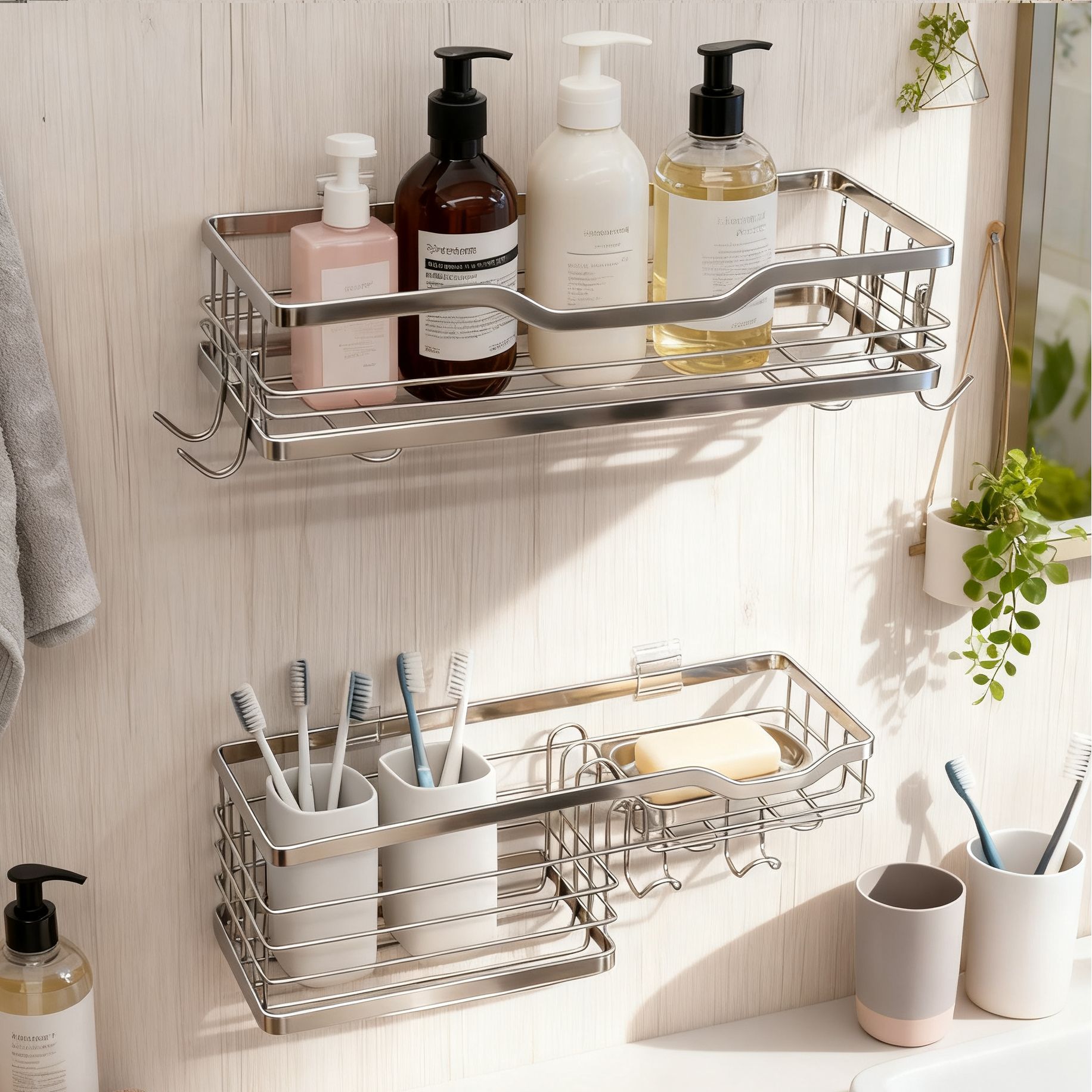 304 Stainless Steel Bathroom Storage Rack Without Punching Holes on the Wall Wall-Mounted Bathroom Storage Toilet Washbasin Storage Rack