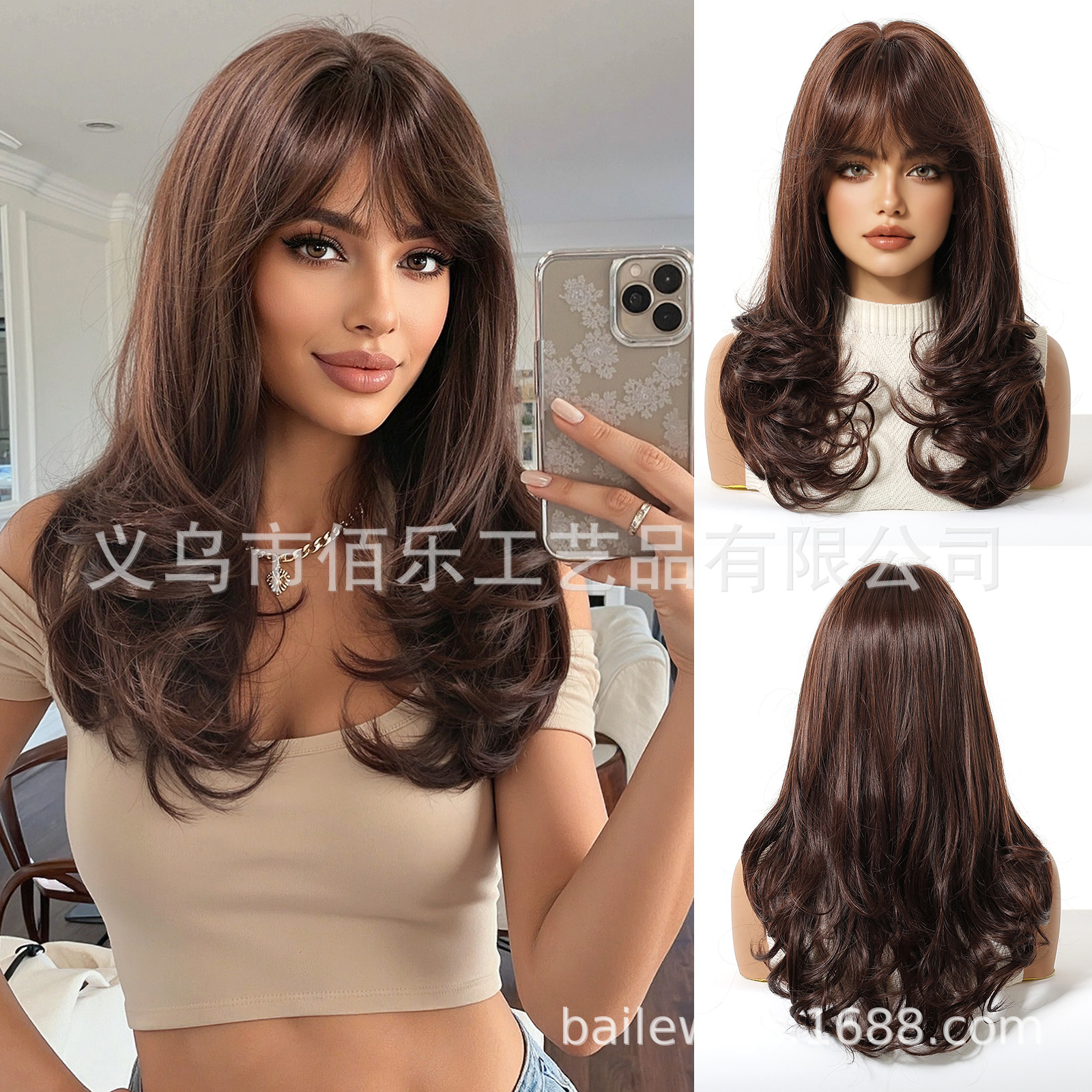 Peruca de mujer cubierta de cabello marrón Qi Liuhai cabello rizado largo Xuchang fibra química pelucas mujeres europeas y estadounidenses cabello spot