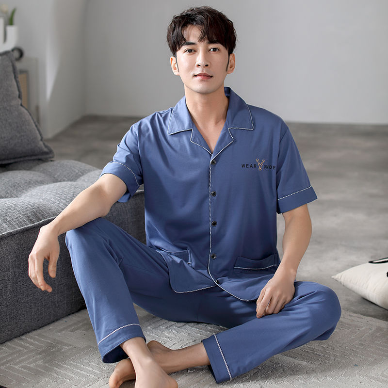 Pijamas pantalones de manga corta para hombres algodón verano delgado cardigan solapa ropa para el hogar más traje de tamaño