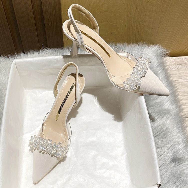 French Transparent Pointed Toe Stiletto High Heels 2025 New Baotou Sandals Women's Spring and Summer Small Heel White Shoes French Transparent Pointed Toe Stiletto High Heels 2025 New Baotou Sandals Women's Spring and Summer Small Heel White Shoes