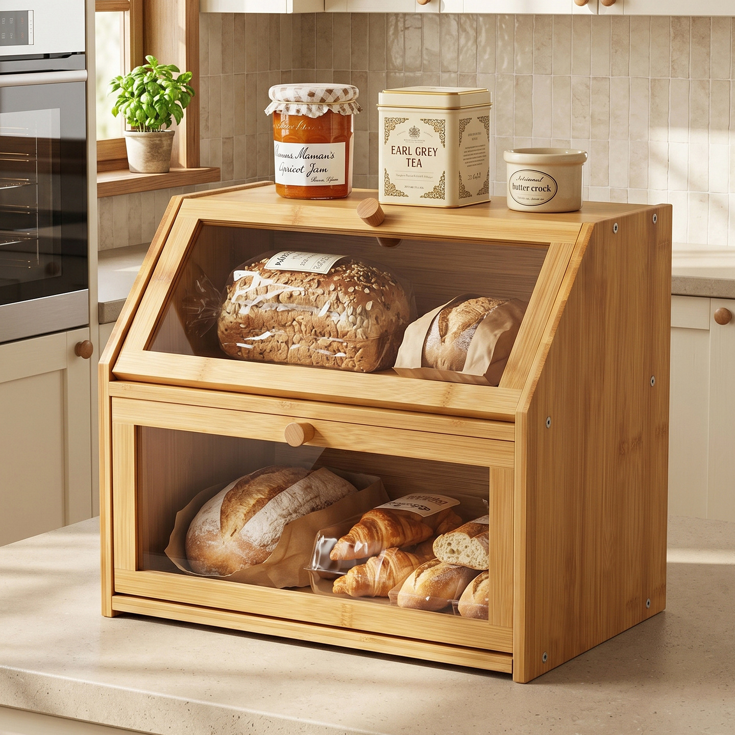 Multifunctional Bread Box Storage Bamboo Pastry Storage Box Kitchen Double-Layer Baking Box with Integrated Bread Slicer