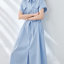 棉茧 蓝色连衣裙女中长款2025夏季新款短袖衬衫裙系带收腰裙子